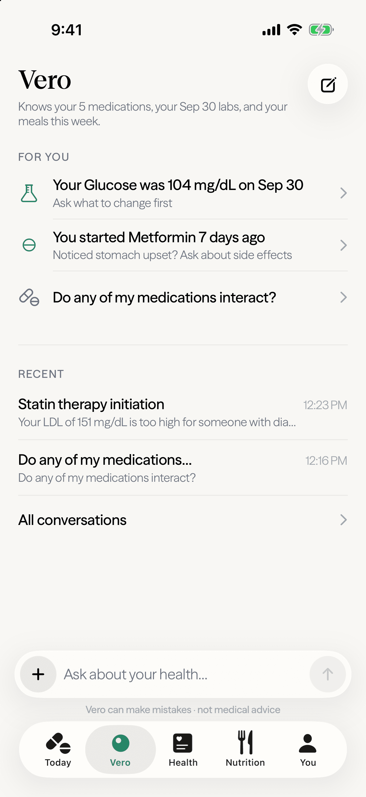 Vero's home screen on iPhone: suggestions drawn from your September 30 glucose result and a new medication, your recent conversations, and a field to ask about your health.